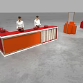 Red Orange Dining Table Featuring Red Tea Sets and Geometric Decorations with Two People Seated 3d model