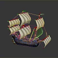 Detailed Wooden Sailing Ship Model With Striped Sails And Decorative Flags