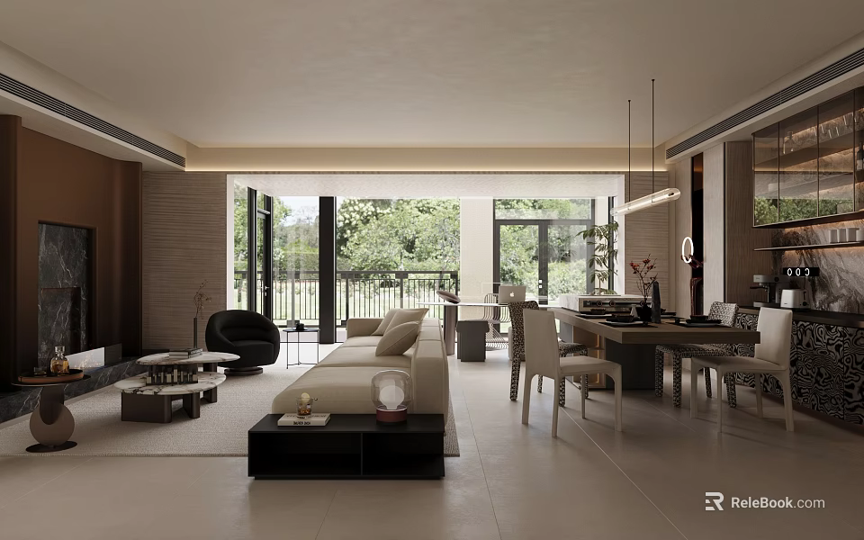Modern Living Dining Room Interior With Open Concept Sofa Dining Table And Large Windows 3d model 