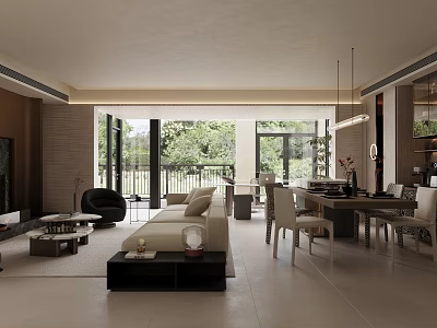 Modern Living Dining Room Interior With Open Concept Sofa Dining Table And Large Windows 3d model