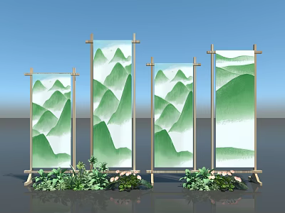 Outdoor Chair with Green White Landscape Screens and Pink Flowers Under Blue Sky 3d model