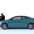 Blue Sports Car With Man Sitting On Hood Using Mobile Phone And Orange Rims