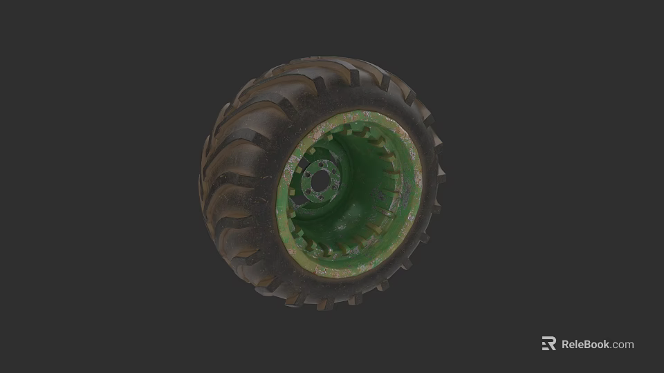 Heavy Duty Agricultural Tire With Deep Tread And Green Metal Rim Structure 3d model 