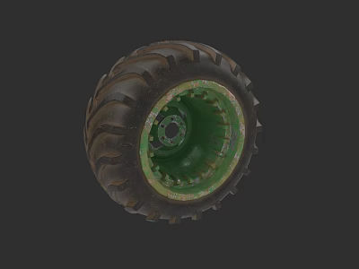 Heavy Duty Agricultural Tire With Deep Tread And Green Metal Rim Structure 3d model