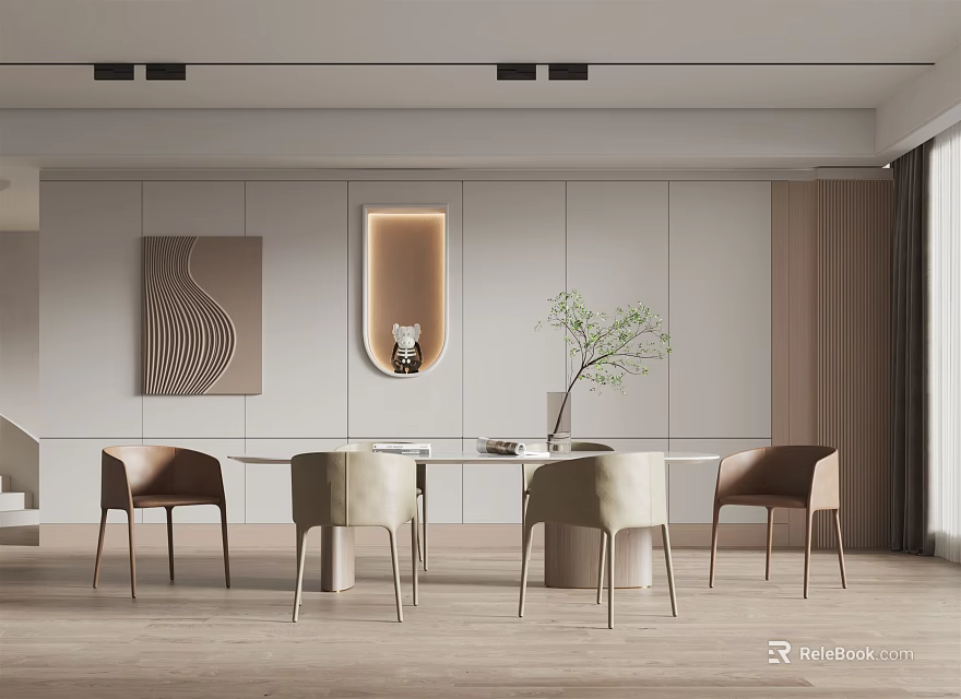 Modern Minimalist Light Toned Restaurant Interior With Dining Table Chairs Decorative Mirror And Green Plants 3d model 