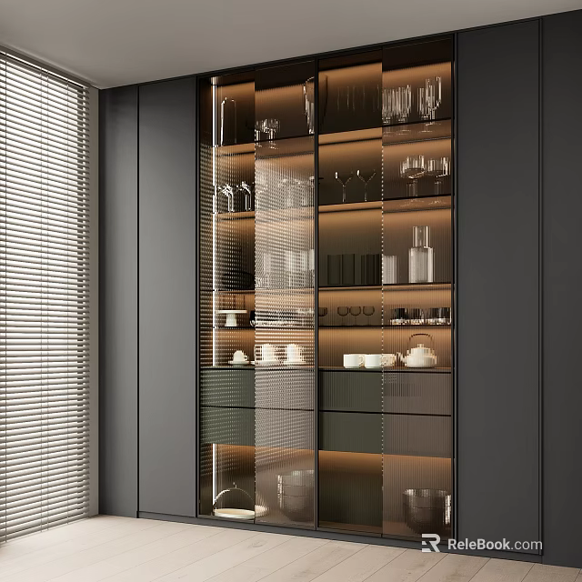 Elegant Modern Wine Cabinet With Glass Doors LED Lighting Wine Bottles And Glasses 3d model 