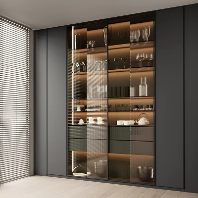 Elegant Modern Wine Cabinet With Glass Doors LED Lighting Wine Bottles And Glasses 3d model