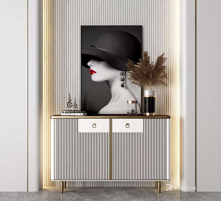 Modern Entryway Side Cabinet With Striped Doors Golden Trim And Decorative Artwork 3d model 