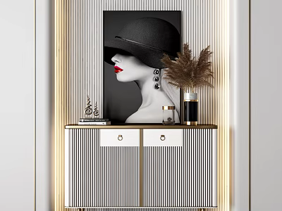 Modern Entryway Side Cabinet With Striped Doors Golden Trim And Decorative Artwork 3d model
