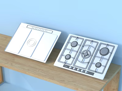 Modern White Kitchen Cooktop and Gas Stove Appliances on Wooden Countertop 3d model