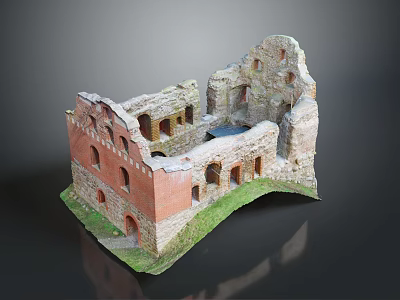 Ancient Ruin Architecture Red Brick Structure With Windows Doorways And Grass Base 3d model