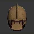 Ancient Bronze Battle Weapon Helmet with Rivets Decorative Lines and Metal Details