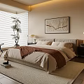Cozy Modern Bedroom Interior With Beige Bed Brown Blanket Nightstand Table Lamp Blinds And Plant