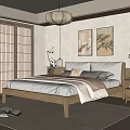 Japanese Style Bedroom With Wooden Bed Frame Sliding Doors Lantern Pendant Light And Wall Artworks