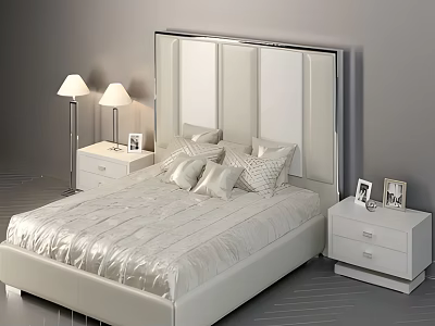 Modern White Double Bed With Mirrored Headboard Pillows Nightstands Table Lamps And Photo Frames 3d model