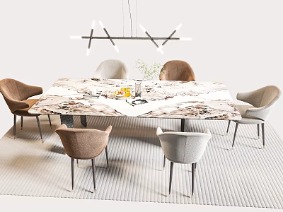 Modern Dining Table Set With Marble Top Mixed Color Chairs And Pendant Light 3d model