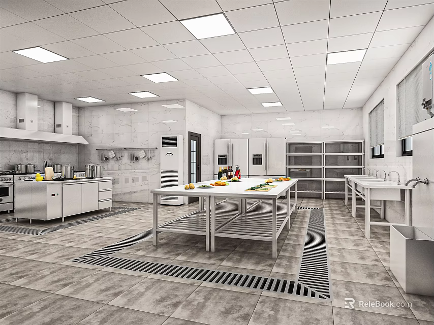 Modern Commercial Kitchen Space With Stainless Steel Worktables White Cabinets And Refrigeration Units 3d model 