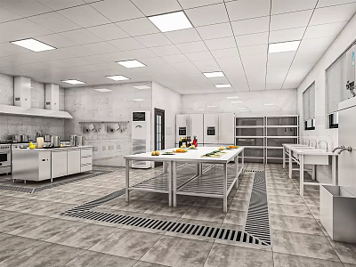 Modern Commercial Kitchen Space With Stainless Steel Worktables White Cabinets And Refrigeration Units 3d model