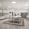 Modern Commercial Kitchen Space With Stainless Steel Worktables White Cabinets And Refrigeration Units
