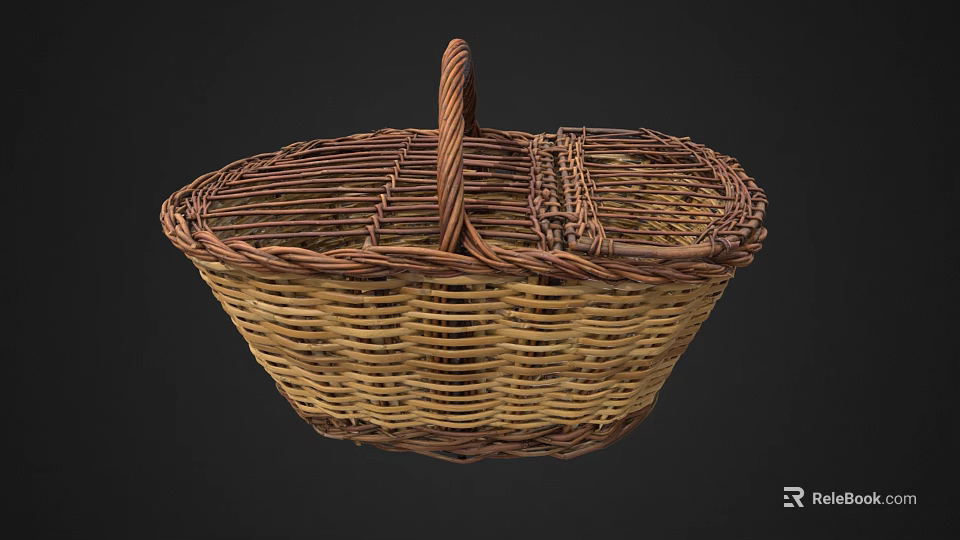 Handwoven Wicker Basket With Lid And Brown Beige Handle Design 3d model 
