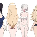 Anime Style Women in Bikini Outfits with Different Hairstyles and Poses