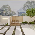 Modern Garden Design With Outdoor Dining Table Umbrella And Green Plants