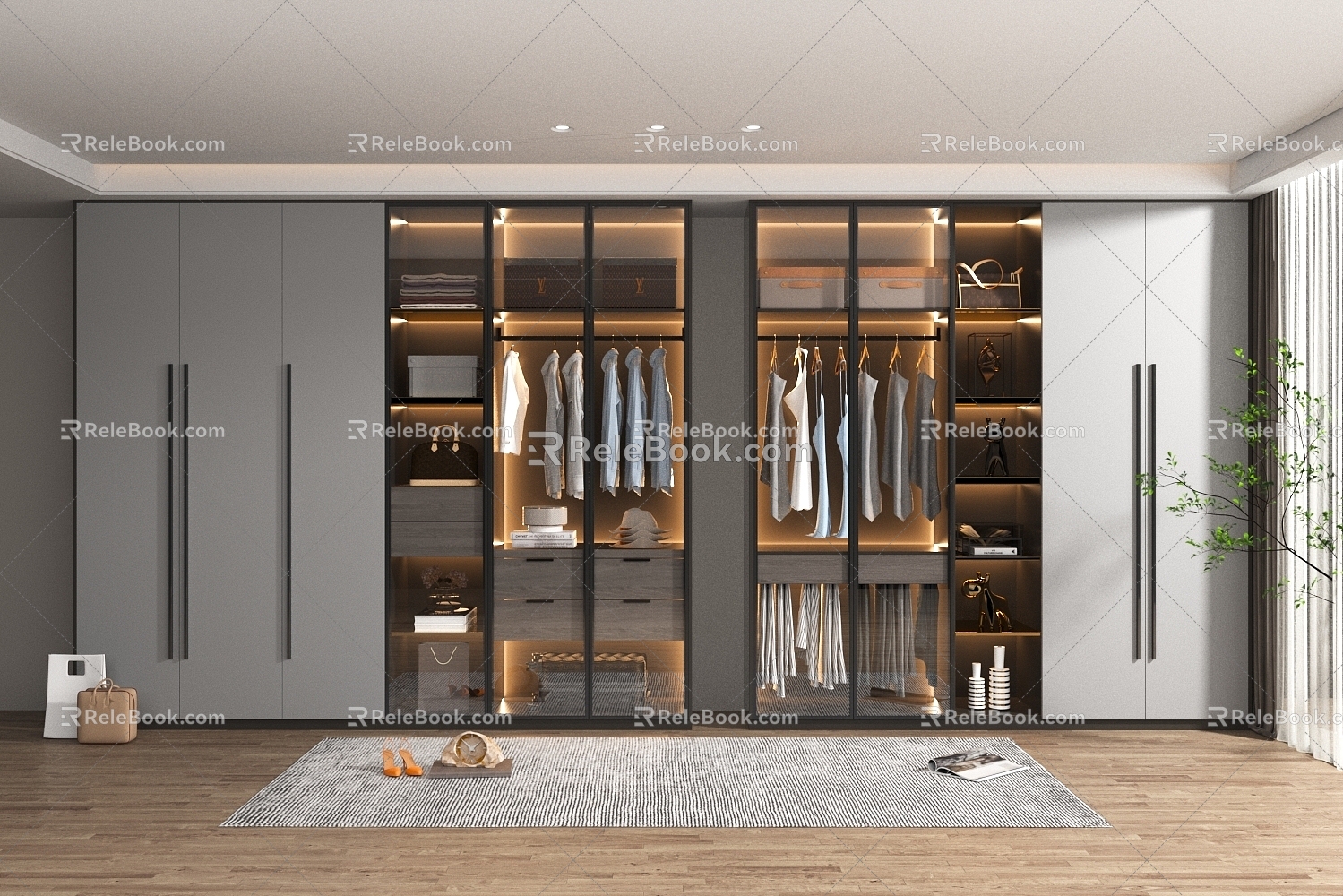 Wardrobe Combination Grey Wooden Wardrobe Glass Door Wardrobe Storage Cabinet Display Cabinet 3d model