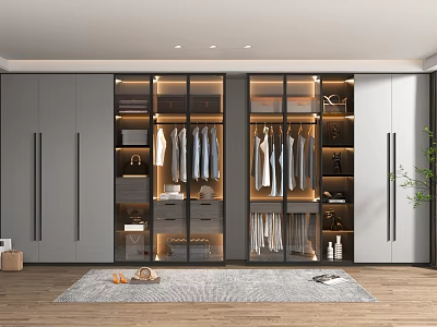 Modern Walk in Closet Interior With Gray Cabinets Glass Doors And Storage Shelves 3d model