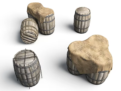 Ancient Historical Setting With Various Wooden Barrels Covered In Cloth And Metal Hoops 3d model