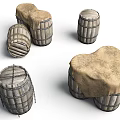 Ancient Historical Setting With Various Wooden Barrels Covered In Cloth And Metal Hoops