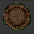 Round Wooden Tray With Intricate Carved Pattern And Green Decorative Straps
