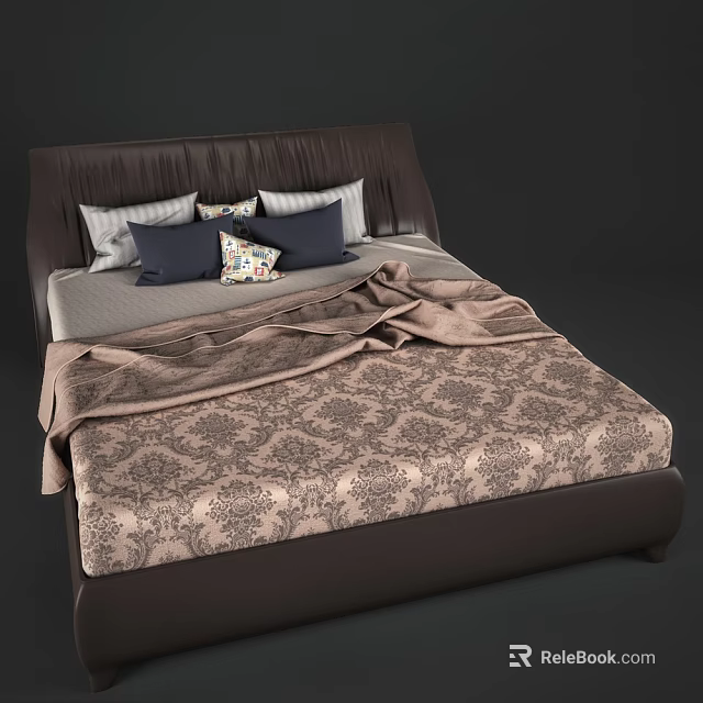 Elegant Double Bed Featuring Dark Headboard Patterned Bedspread Pillows and Blanket 3d model
