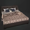 Elegant Double Bed Featuring Dark Headboard Patterned Bedspread Pillows and Blanket 3d model