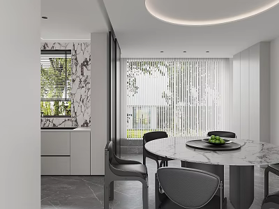 Elegant Modern Restaurant Interior Design With Round Marble Table And Black Chairs 3d model