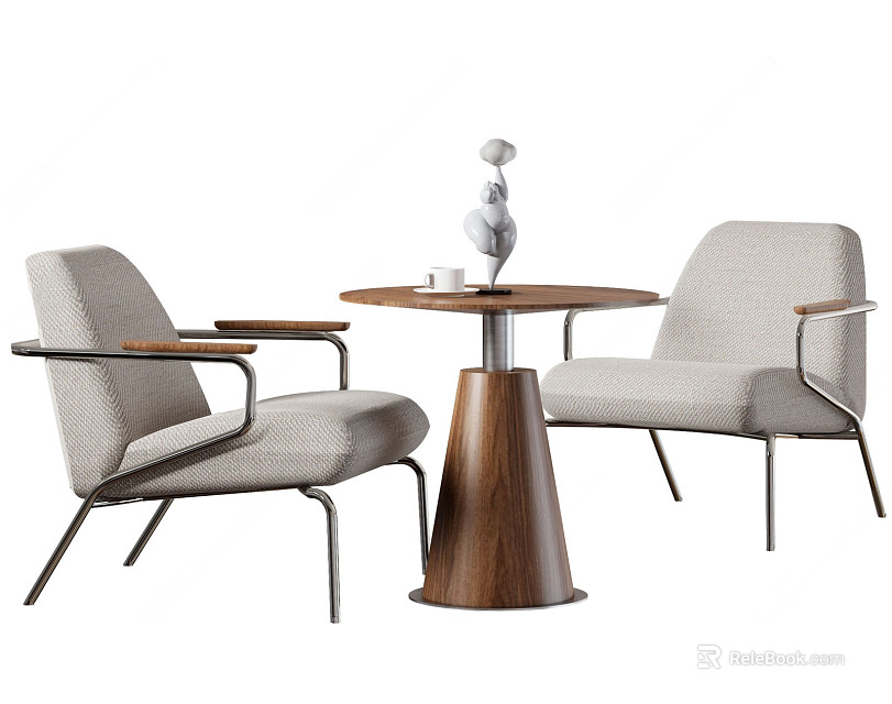 Minimalist Table and Chair Set with Gray Fabric Seats Metal Frames and Walnut Conical Base 3d model 