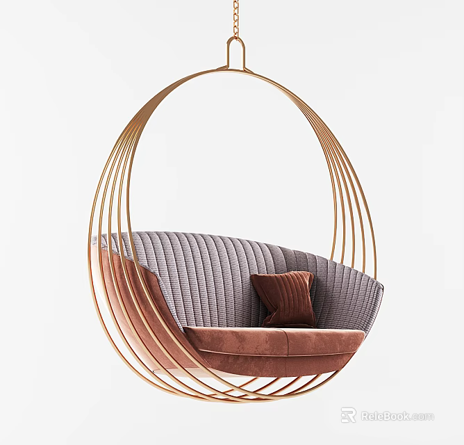 Modern Golden Frame Hanging Chair With Oval Design Gray Cushion And Brown Pillow 3d model 