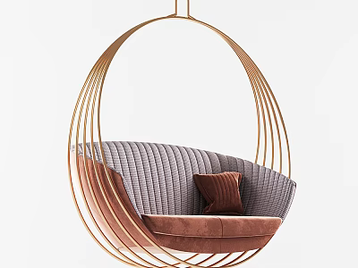 Modern Golden Frame Hanging Chair With Oval Design Gray Cushion And Brown Pillow 3d model