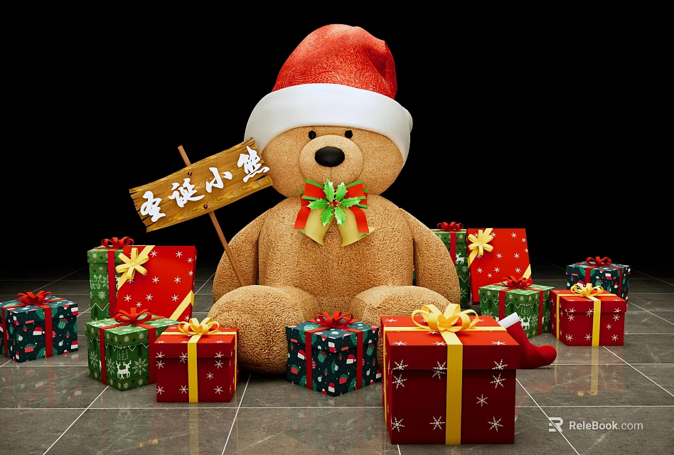 Christmas Themed Window Display With Teddy Bear And Gift Boxes Decoration 3d model 