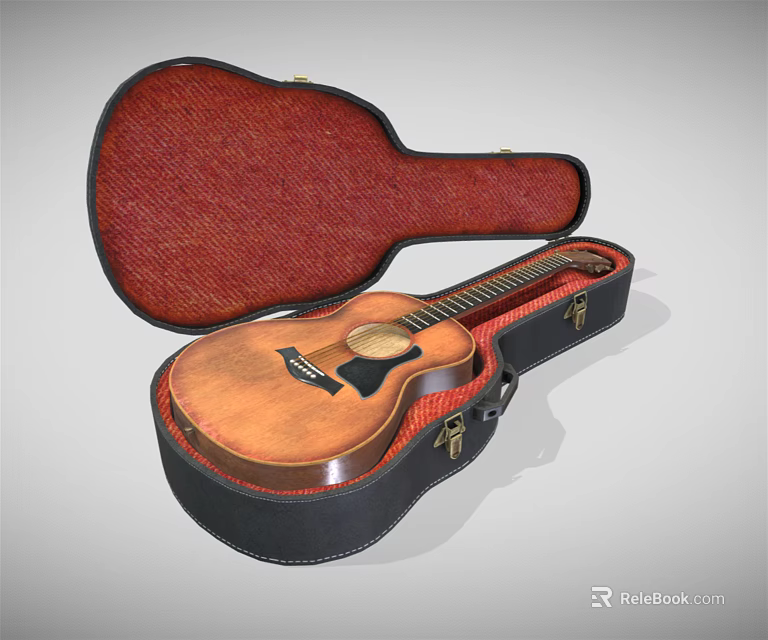 Open Acoustic Guitar Case With Red Lining Holding Wooden Instrument Inside 3d model 