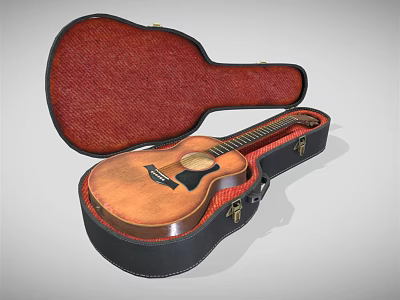 Open Acoustic Guitar Case With Red Lining Holding Wooden Instrument Inside 3d model