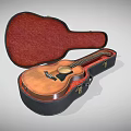 Open Acoustic Guitar Case With Red Lining Holding Wooden Instrument Inside