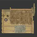 Traditional Thatched Roof Hut On Wooden Platform With Earthen Jars And Hanging Decorations