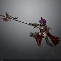 Female Warrior In Ornate Armor Wielding Spear With Purple Hair Red Cape Gold Stars