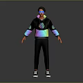 Character in Black Hoodie and Pants with Colorful Creature Art Reflective Glasses and Black Shoes