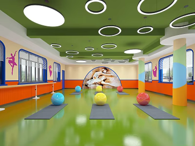 Bright Green Ceiling Fitness Studio With Colorful Balls Yoga Mats And Dance Silhouettes 3d model