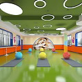 Bright Green Ceiling Fitness Studio With Colorful Balls Yoga Mats And Dance Silhouettes