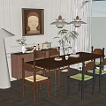 Modern Restaurant Interior Featuring Wooden Dining Table Colorful Chairs Wall Painting Pendant Lights And Plant
