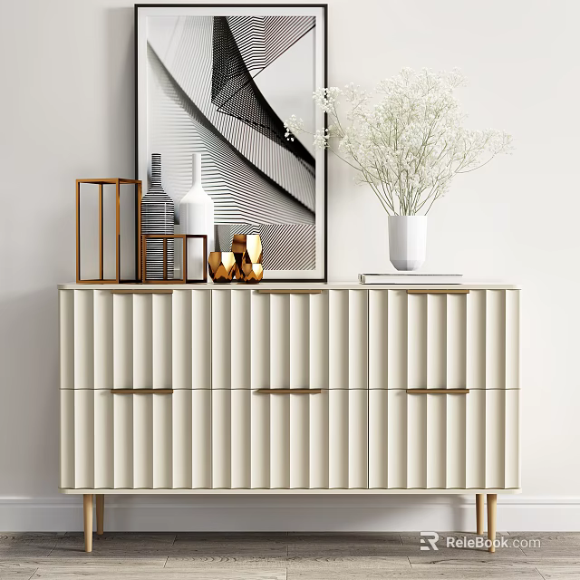 Minimalist Console Cabinet With Beige Striped Design Decorative Vase Metal Artwork And Plants 3d model 