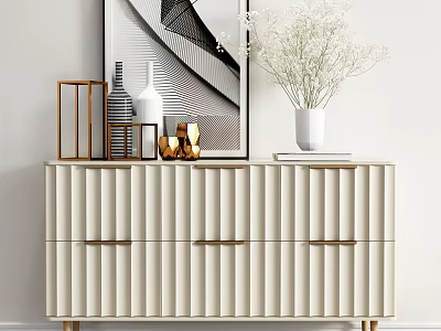 Minimalist Console Cabinet With Beige Striped Design Decorative Vase Metal Artwork And Plants 3d model