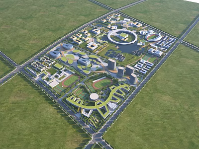 Large Scale Aerial Planning of Comprehensive Campus With Central Plaza Buildings Green Spaces And Roads 3d model